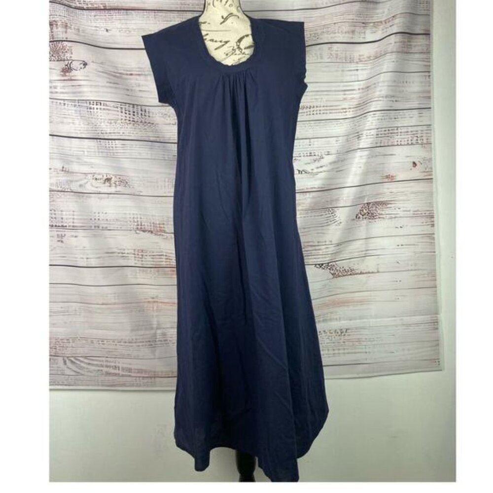 WaxWing Pleated Maxi Dress Womens L Short Sleeves Scoop Neck Lightweight Blue